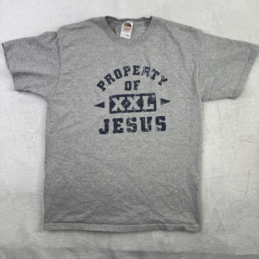 VTG Fruit of the Loom Property of Jesus XXL Grey SS Graphic Shirt Men's Large